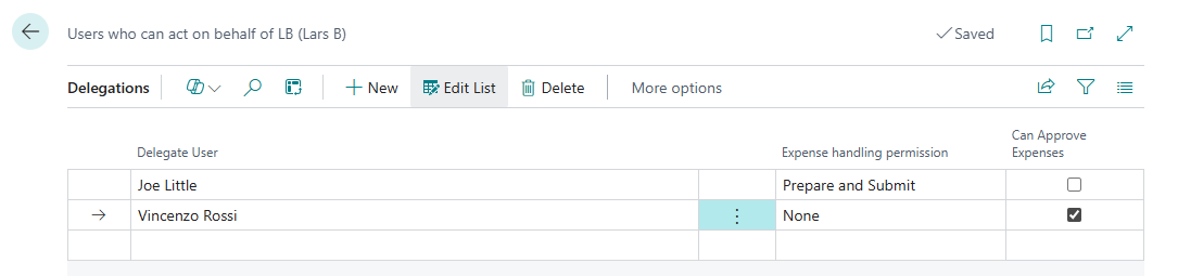 Delegations list showing users who can act on behalf of an employee