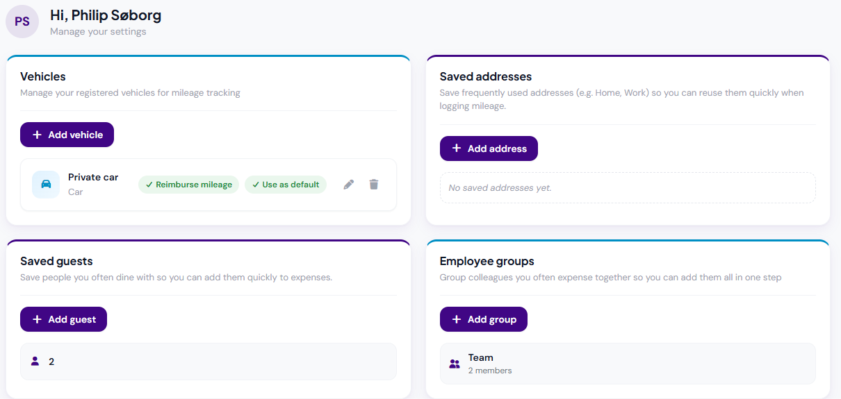 Portal settings showing Vehicles, Saved addresses, Saved guests, and Employee groups bordered