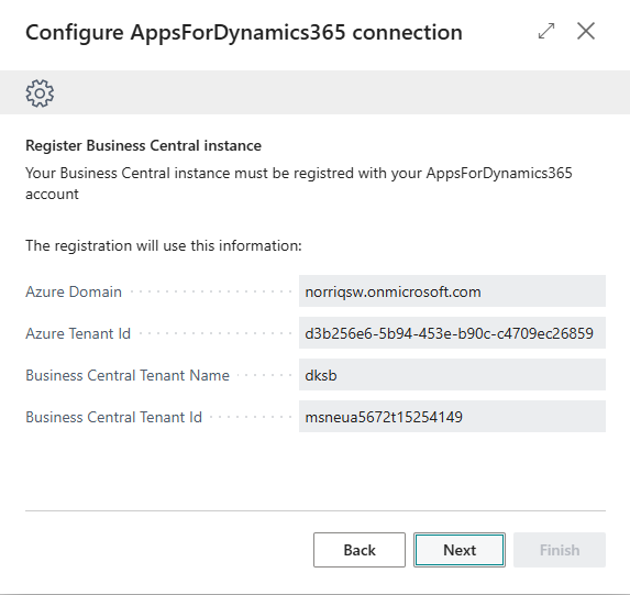 Register Business Central instance screen