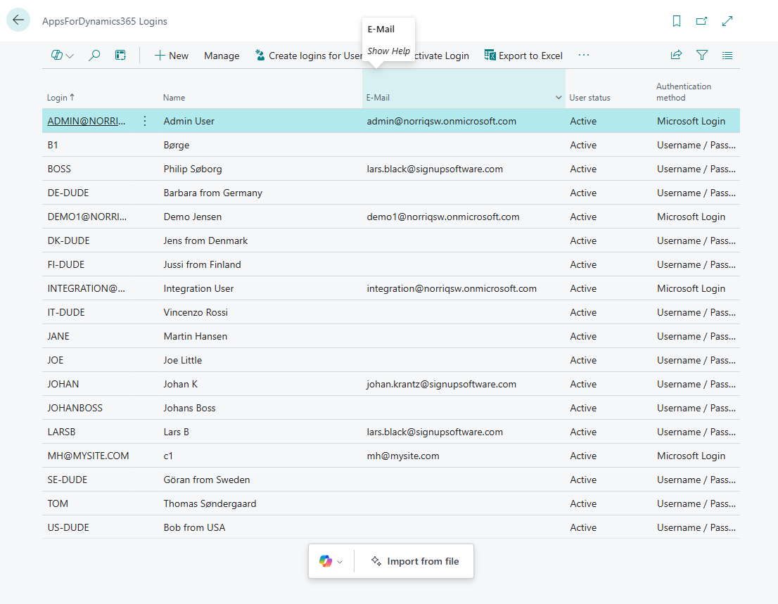AppsForDynamics365 Logins list