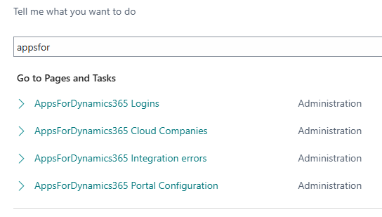 The four Portal Connect pages shown in Business Central search results